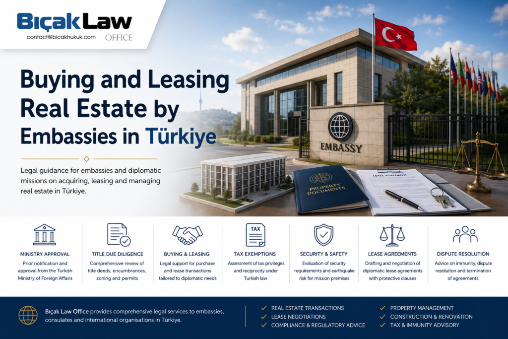 Guide buying leasing real estate by embassies diplomatic missions Türkiye title due diligence lease agreements tax exemption Lawyer law firm