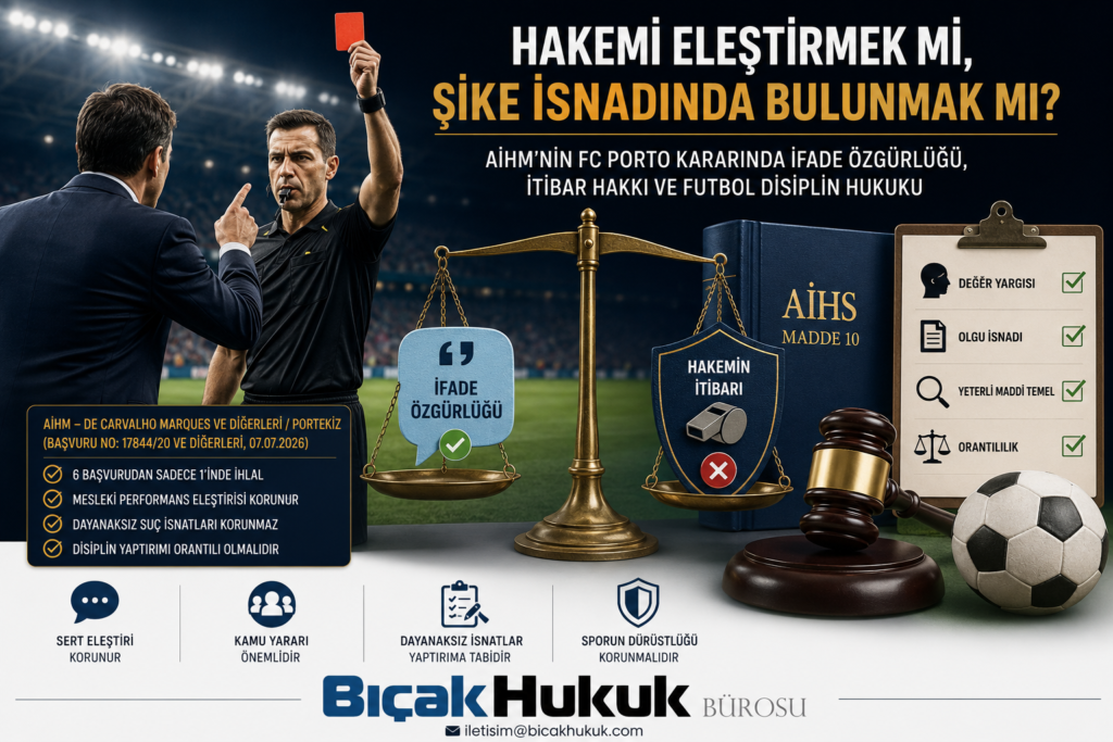 Futbol Hakem Eleştiri İfade Özgürlüğü AİHM FC Porto Kararı Türk hukuku Avukat Hukuk Bürosu de Carvalho Marques Portekiz Müsabaka şike kulüp