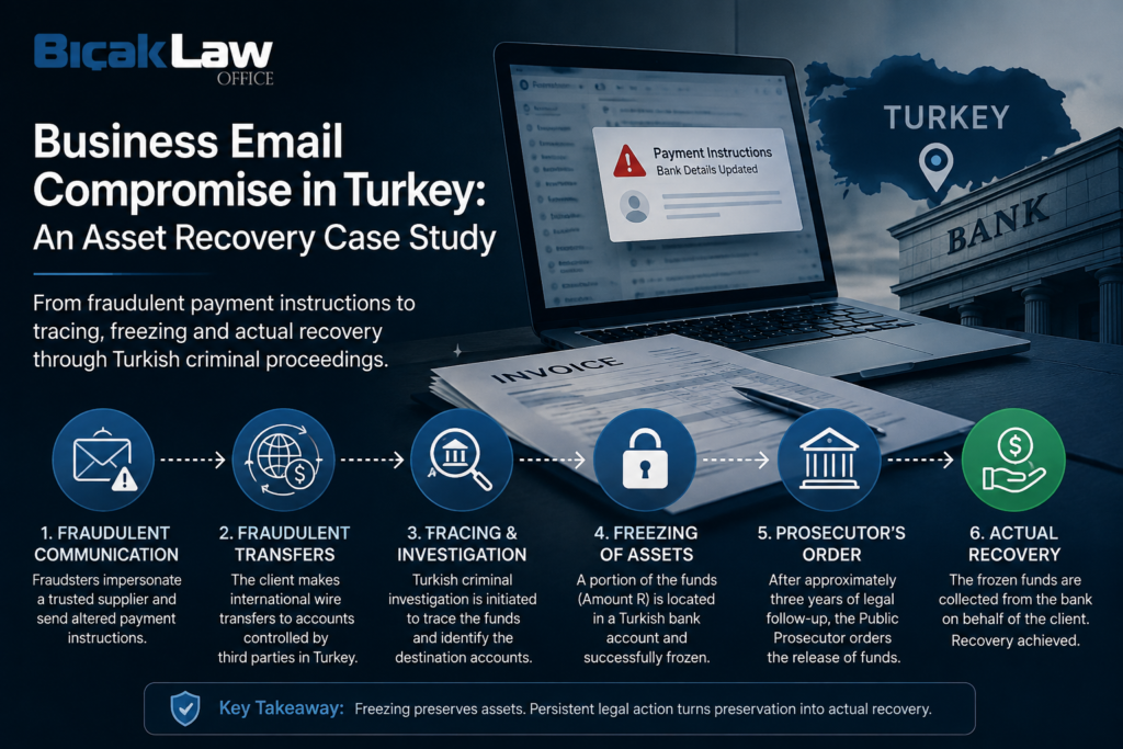 Business Email Compromise Fraud Tracing Frozen Asset Freeze Recovery Fraudulent Transfers Turkey Türkiye Case Study Attorney Lawyer Law Firm